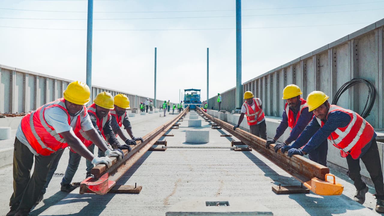Track installation work on Mumbai-Ahmedabad Bullet Train Viaduct